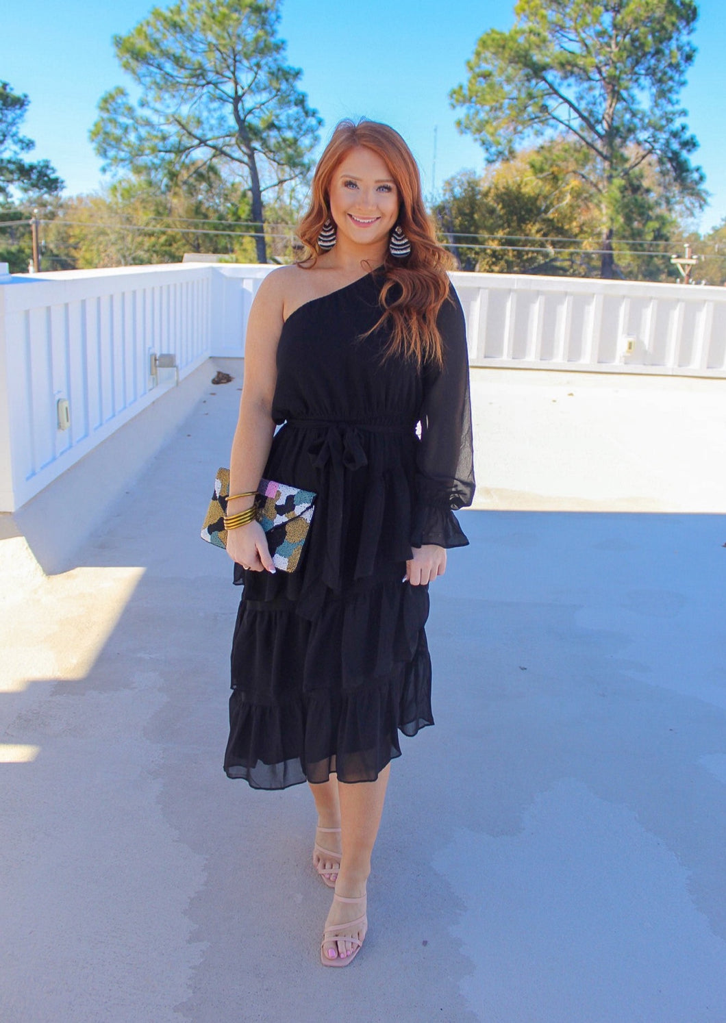 Karson One Shoulder Ruffle Midi Dress- Black