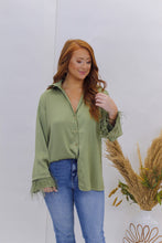 Load image into Gallery viewer, Power Love Button Up Feather Detail Sleeve- Olive
