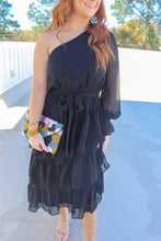 Load image into Gallery viewer, Karson One Shoulder Ruffle Midi Dress- Black
