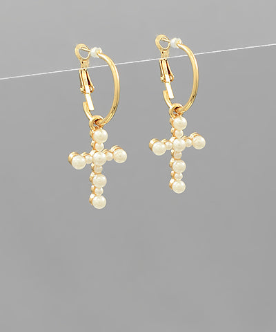 Pearl Cross Dangled Hoops