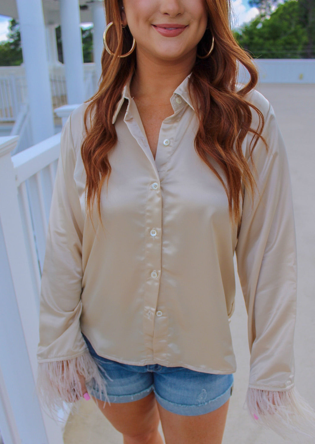 Broadway Girl Feather Cuff Button Up- Cream