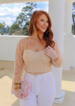 Load image into Gallery viewer, Godwin Polka Dot Mesh Sleeve Smocked Crop Top- Beige
