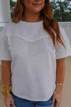 Load image into Gallery viewer, Hampton Beaded Short Sleeve Fringe Top- White
