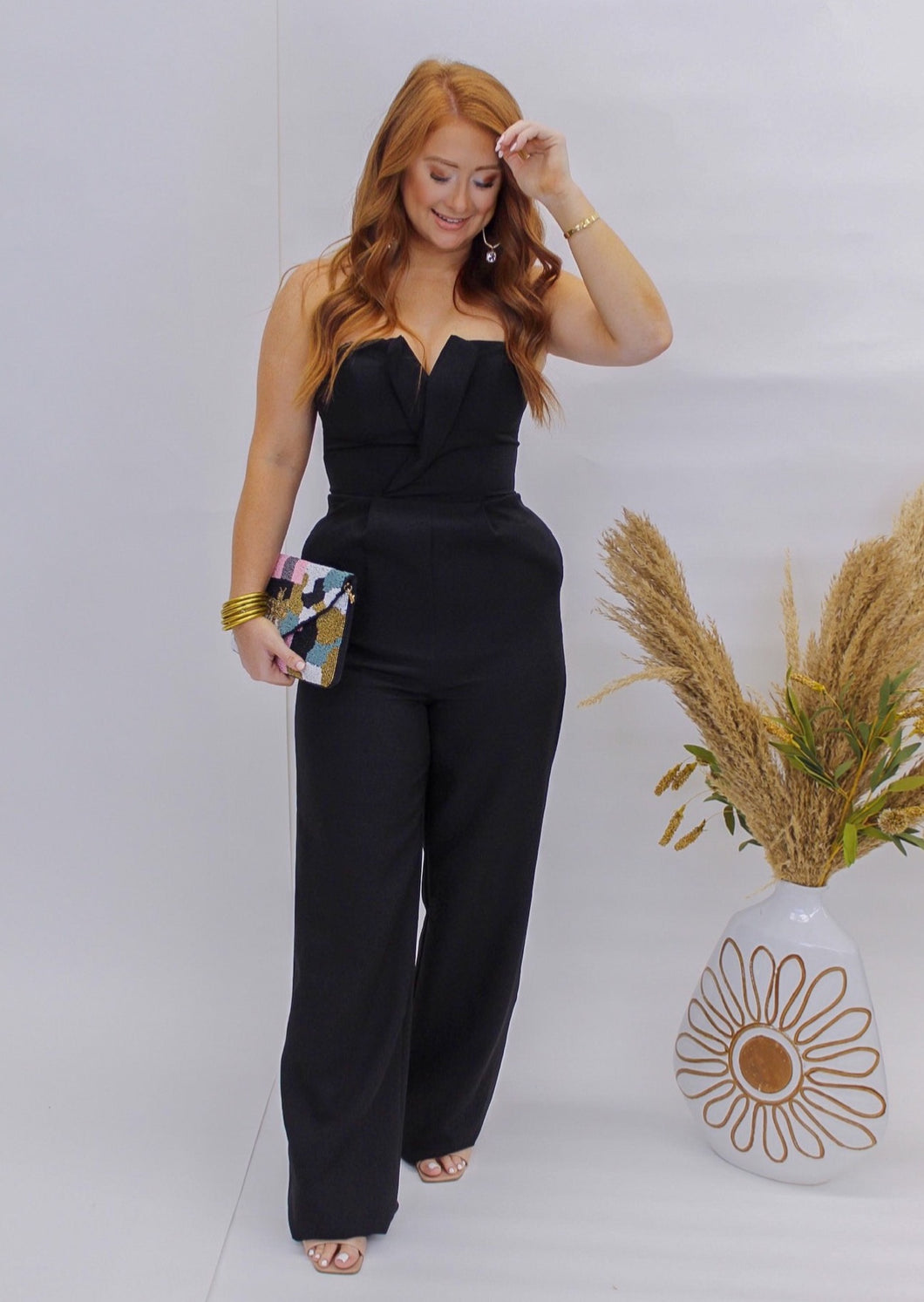 Forever Classy Strapless V Neck Jumpsuit- Black
