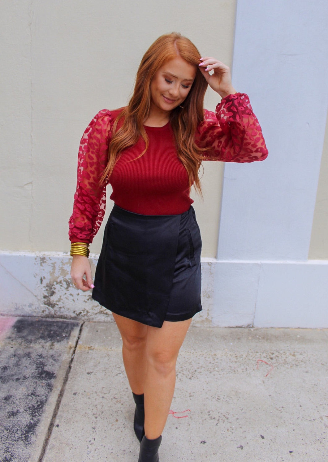 True Fan Sheer Animal Print Sleeve Top- Garnet