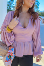 Load image into Gallery viewer, Rose V Neck Peplum Blouse- Mauve
