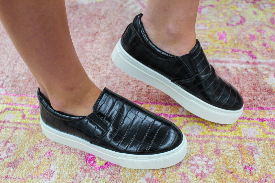 Black Croc Slide on Platforms