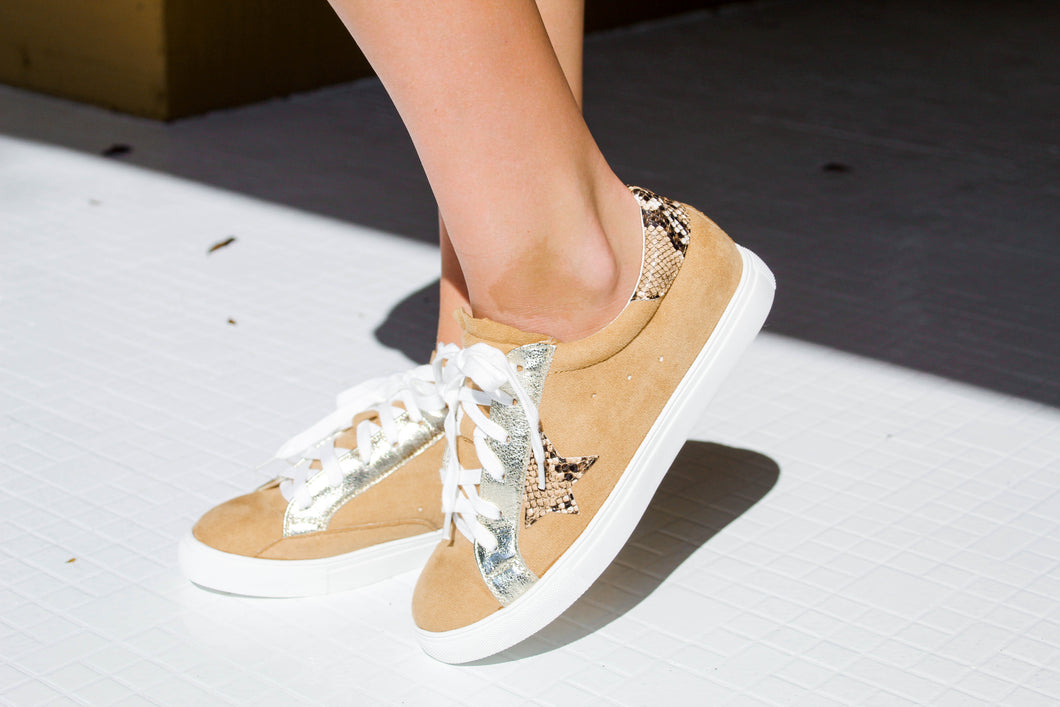 Camel Snakeskin Star Sneakers