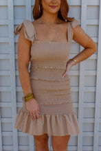 Load image into Gallery viewer, Larissa Tie Smocked Dress- Sand
