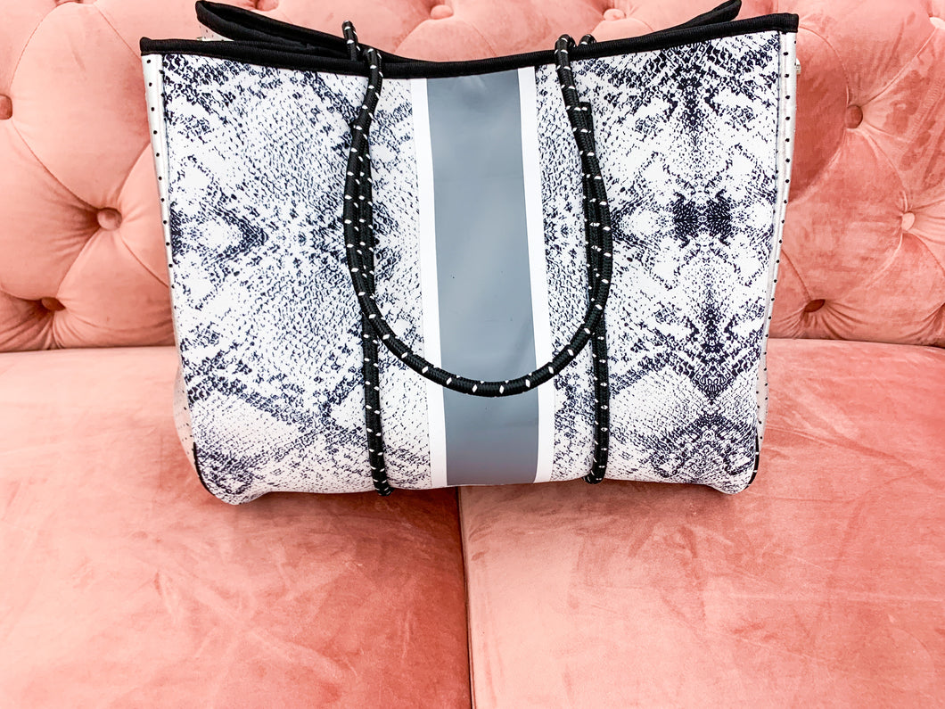 Neoprene Tote- Silver & Grey Python