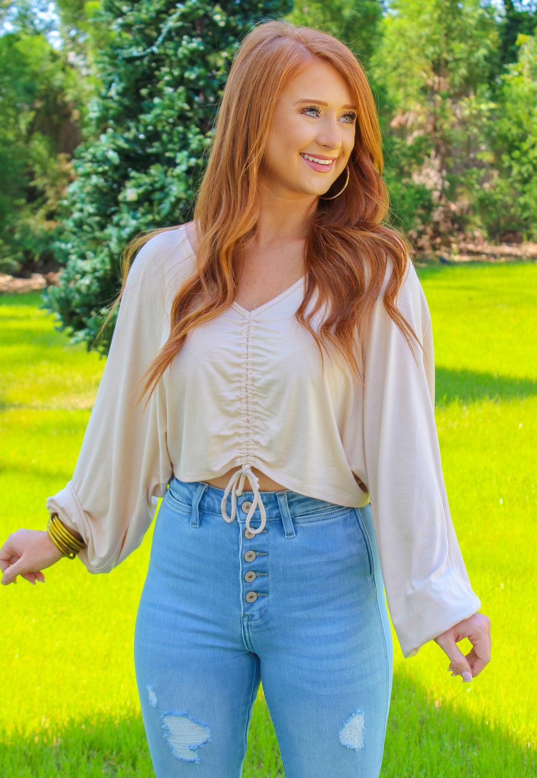 Mabel Rushed Long Sleeve Crop Top- Stone