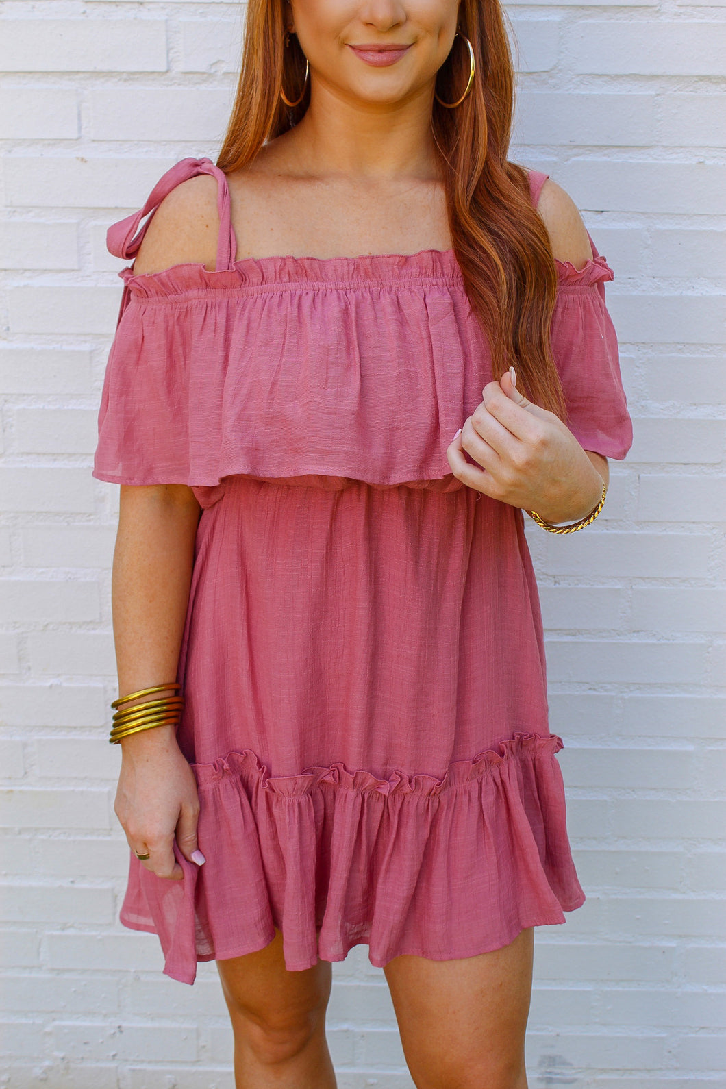 Rose Cold Shoulder Ruffle Dress