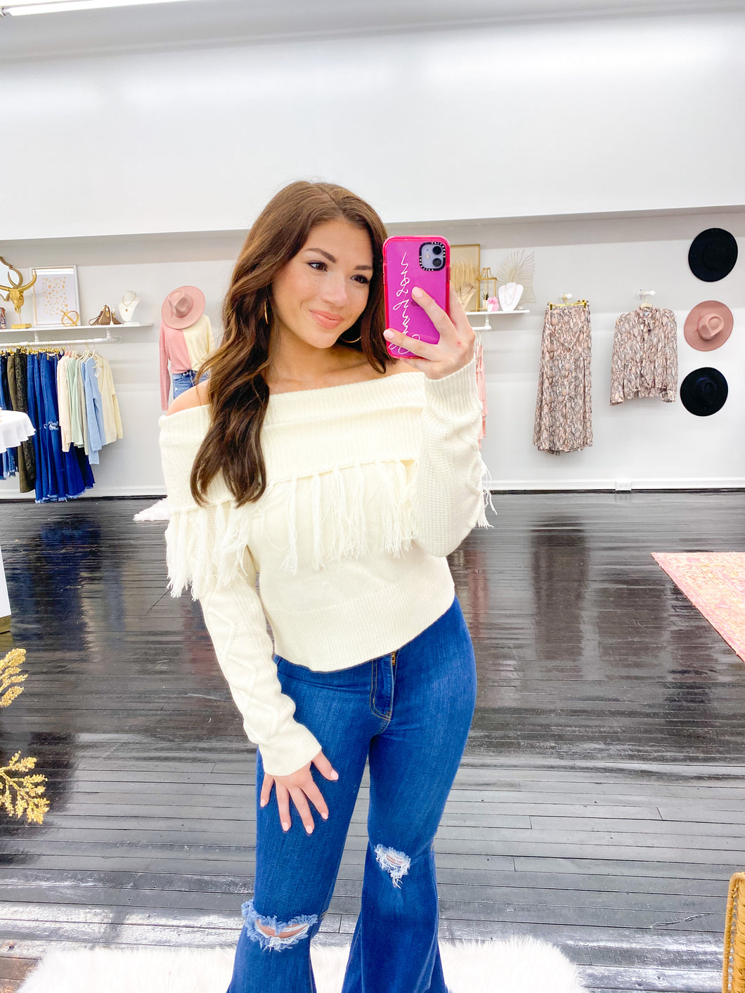 Off White Fringe Off the Shoulder Sweater