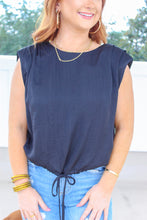 Load image into Gallery viewer, Charlotte Shoulder Pad Satin Top- Black
