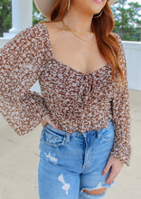 Load image into Gallery viewer, Sutton Floral Mesh Shirring Top- Chocolate
