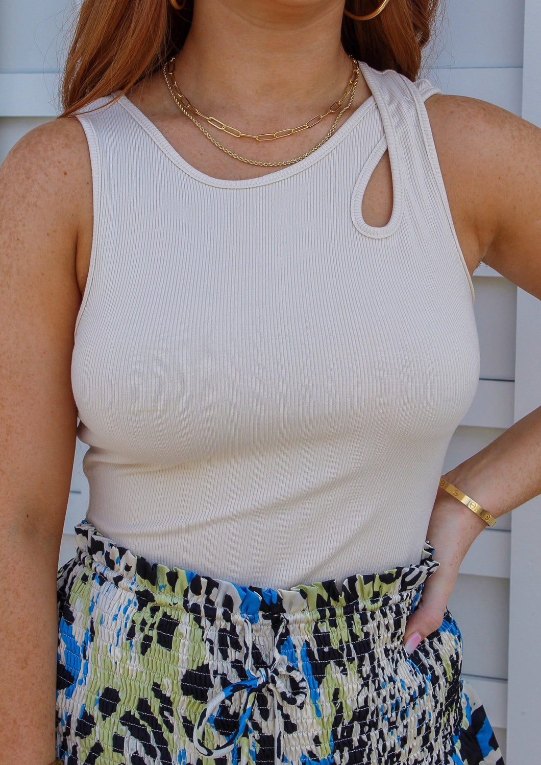 Lani Sleeveless Ribbed Cutout Bodysuit- Taupe