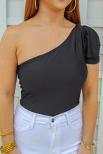 Load image into Gallery viewer, Dawson Satin One Shoulder Puff Sleeve Bodysuit- Black
