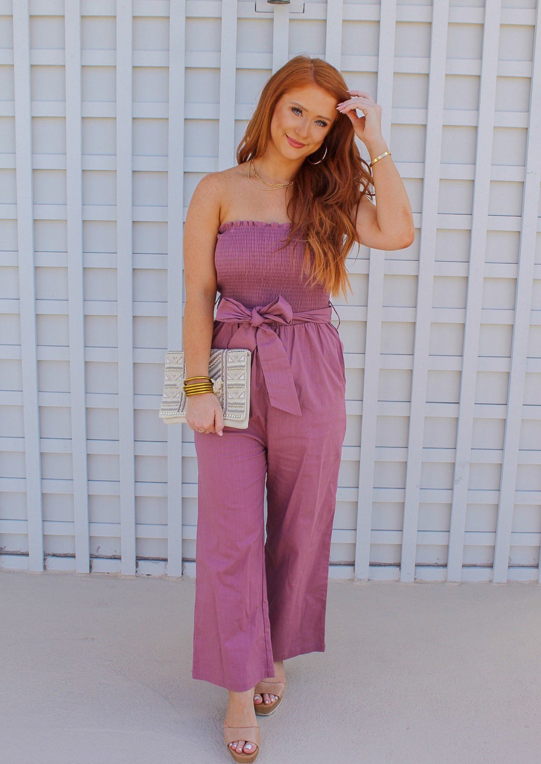 Jade Linen Smocking Ruffle Tube Top Jumpsuit- Purple
