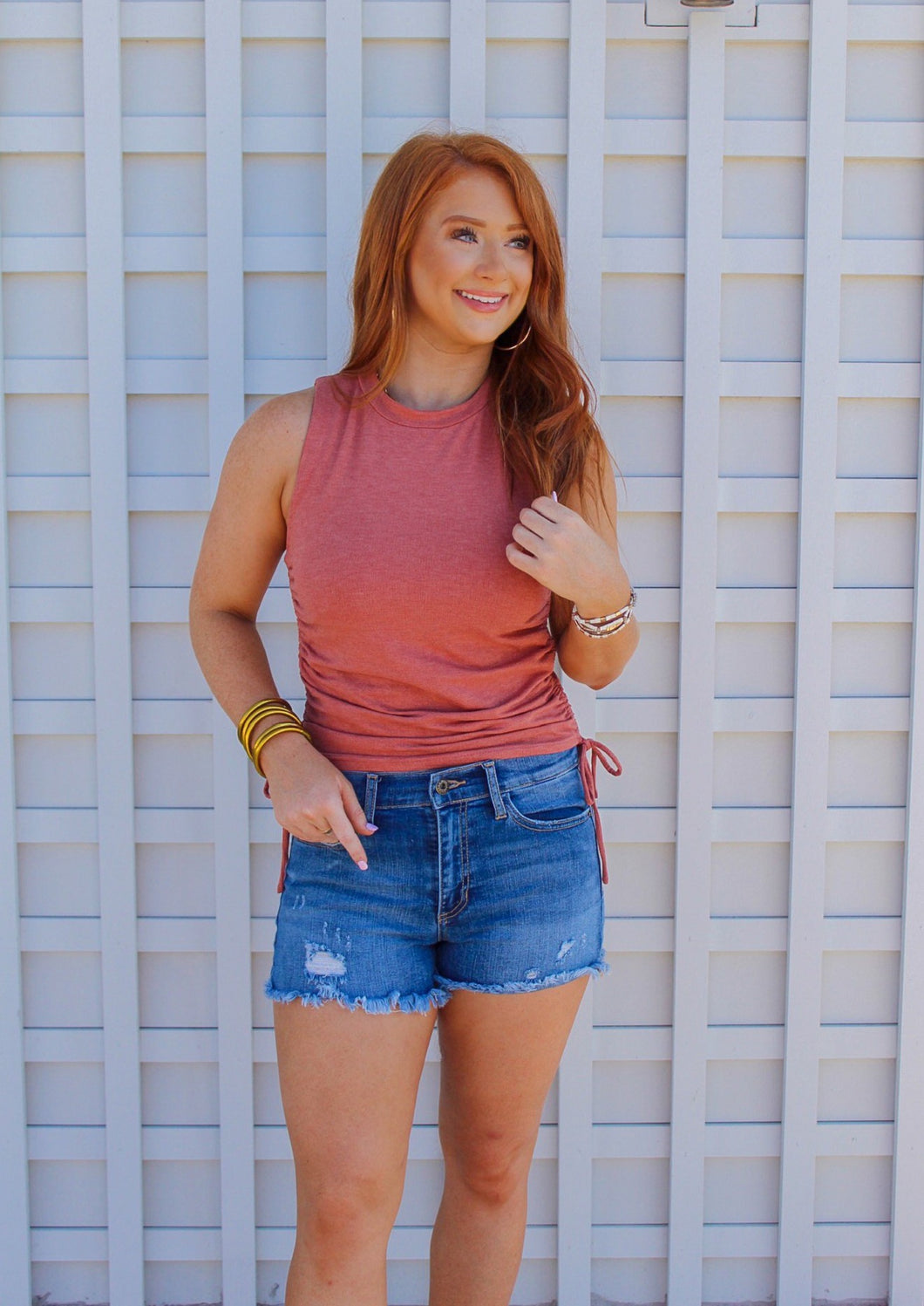 Mattie High Collar Ruched Tank- Apricot