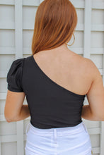 Load image into Gallery viewer, Dawson Satin One Shoulder Puff Sleeve Bodysuit- Black
