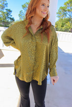 Load image into Gallery viewer, Kathy Satin Animal Print Blouse- Olive
