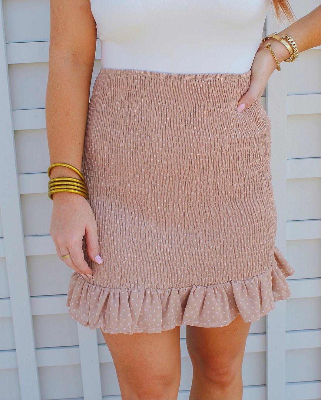 Emilee Polka Dot Smocked Mini Skirt-Taupe