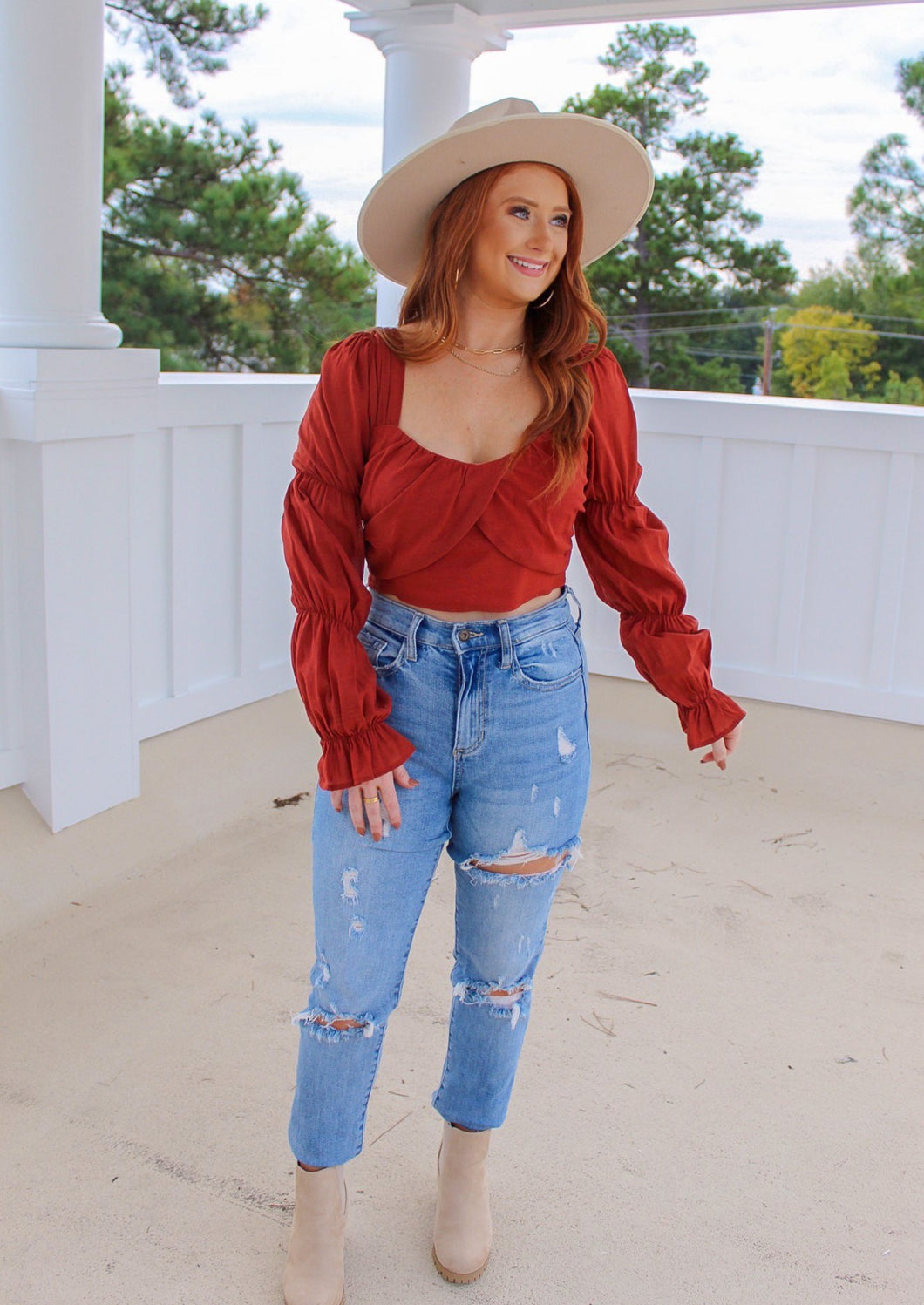 Bitsy Puff Sleeve Cropped Top- Brick