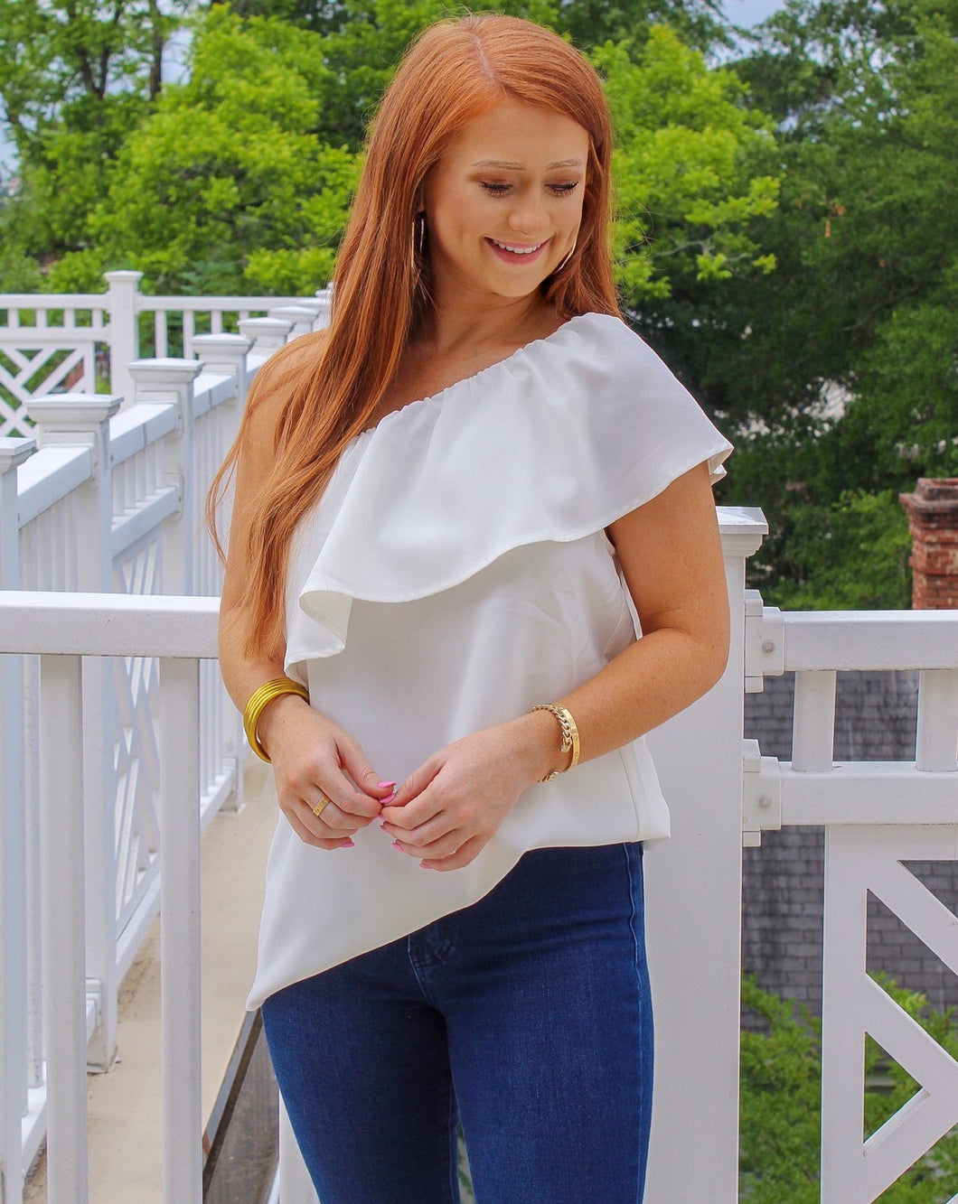 Adeline One Shoulder Ruffle Top- Off White