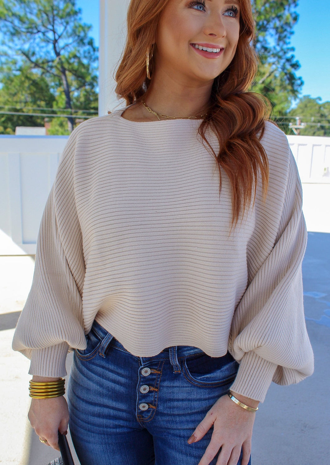 Christina Wide Sleeve Crop Sweater- Beige