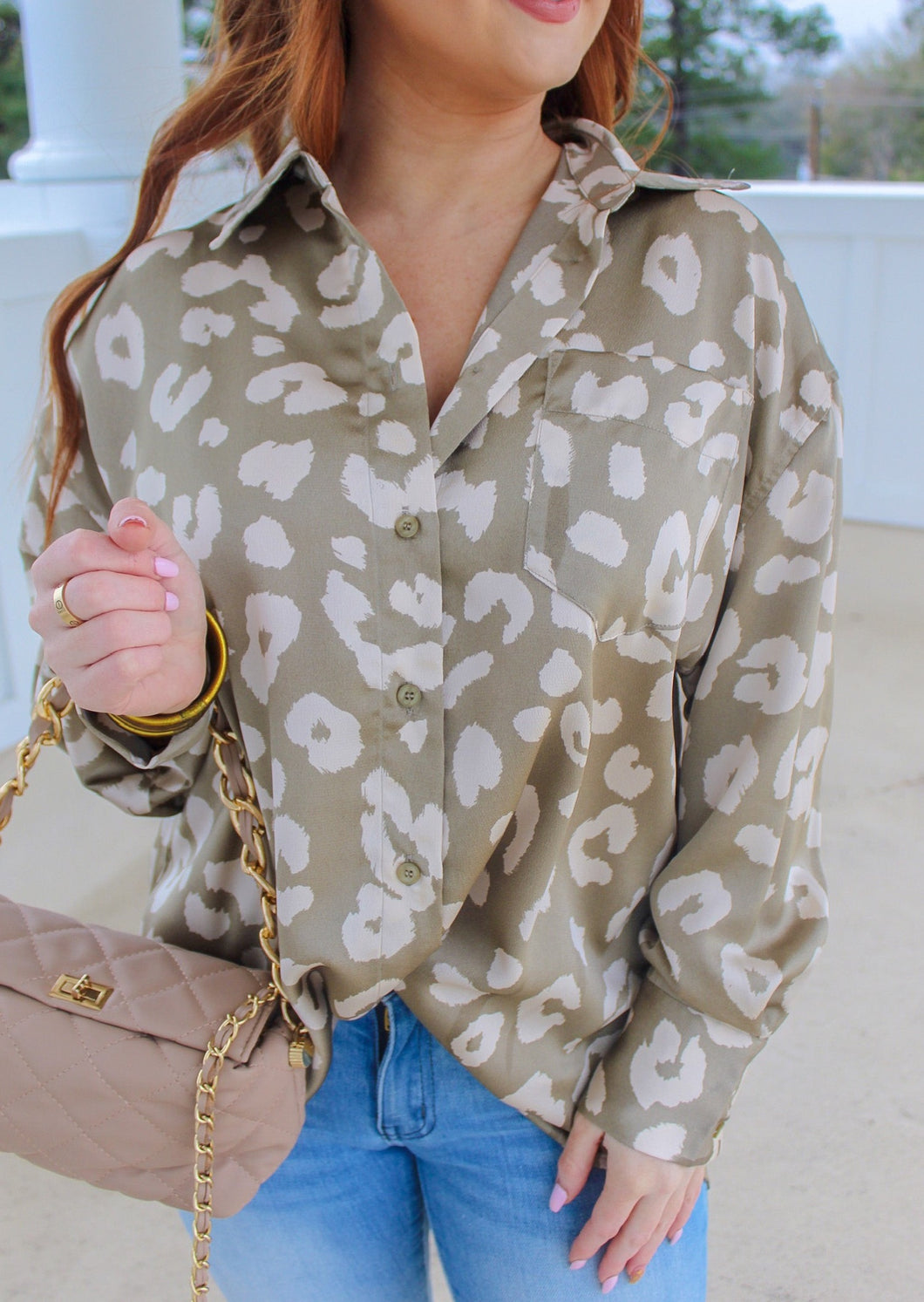 Savvy Animal Print Button Shirt- Sage