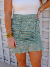 Load image into Gallery viewer, Harlow Ruched Printed Mini Skirt- Sage
