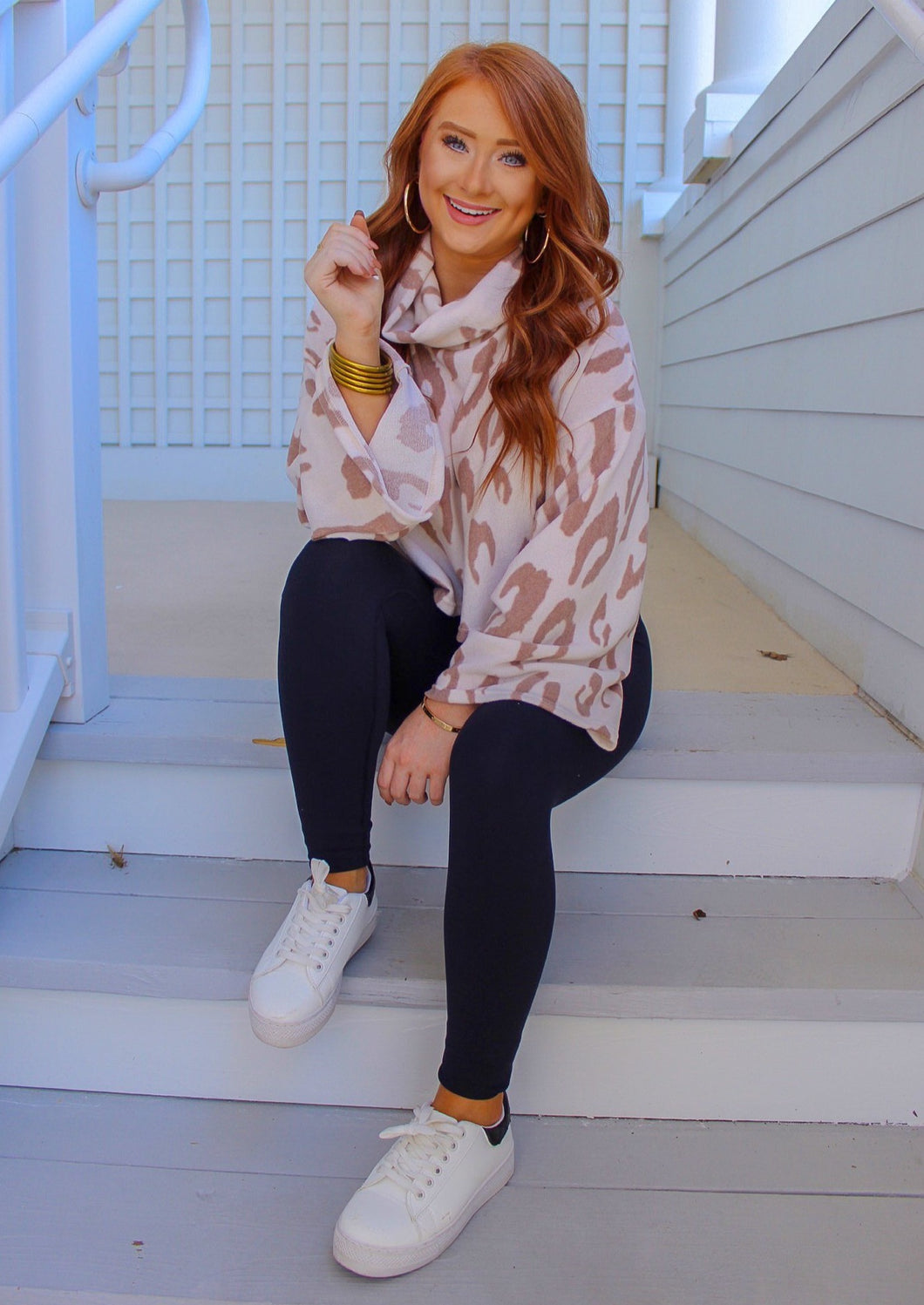 Adelyn Leopard Cozy Turtle Neck Top- Cream