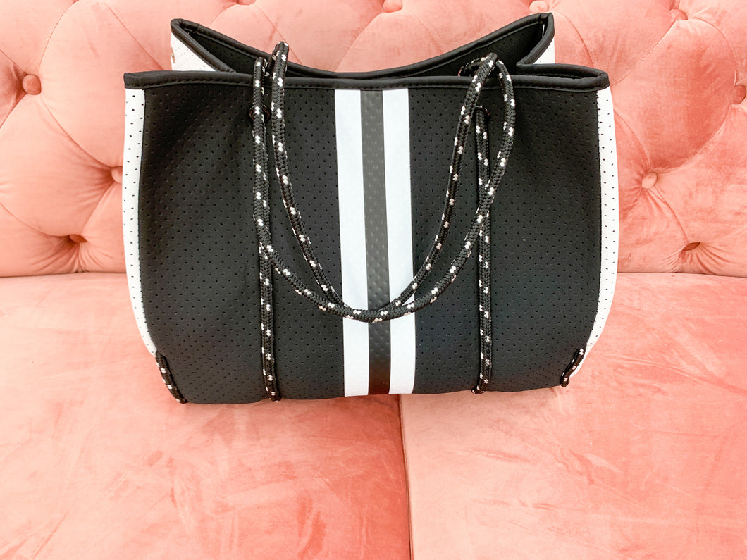 Neoprene Tote- Black & White Stripe