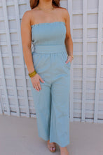 Load image into Gallery viewer, Jade Linen Smocking Ruffle Tube Top Jumpsuit- Powder Blue

