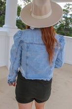 Load image into Gallery viewer, Puff Sleeve Cropped Distressed Denim Jacket

