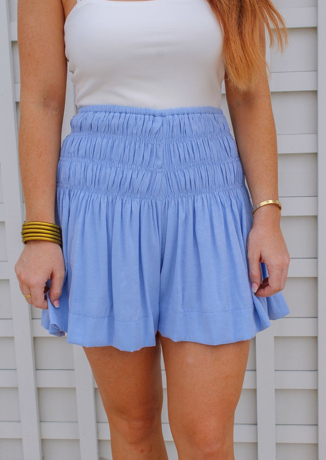 Kat Flowy Smocked Shorts- Sky Blue