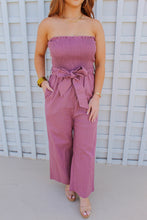 Load image into Gallery viewer, Jade Linen Smocking Ruffle Tube Top Jumpsuit- Purple
