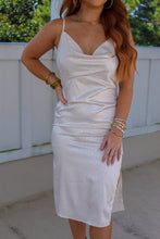 Load image into Gallery viewer, Champagne Satin Cowl Neck Midi Dress
