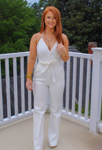Load image into Gallery viewer, Kristen White Denim Halter Belted Jumpsuit
