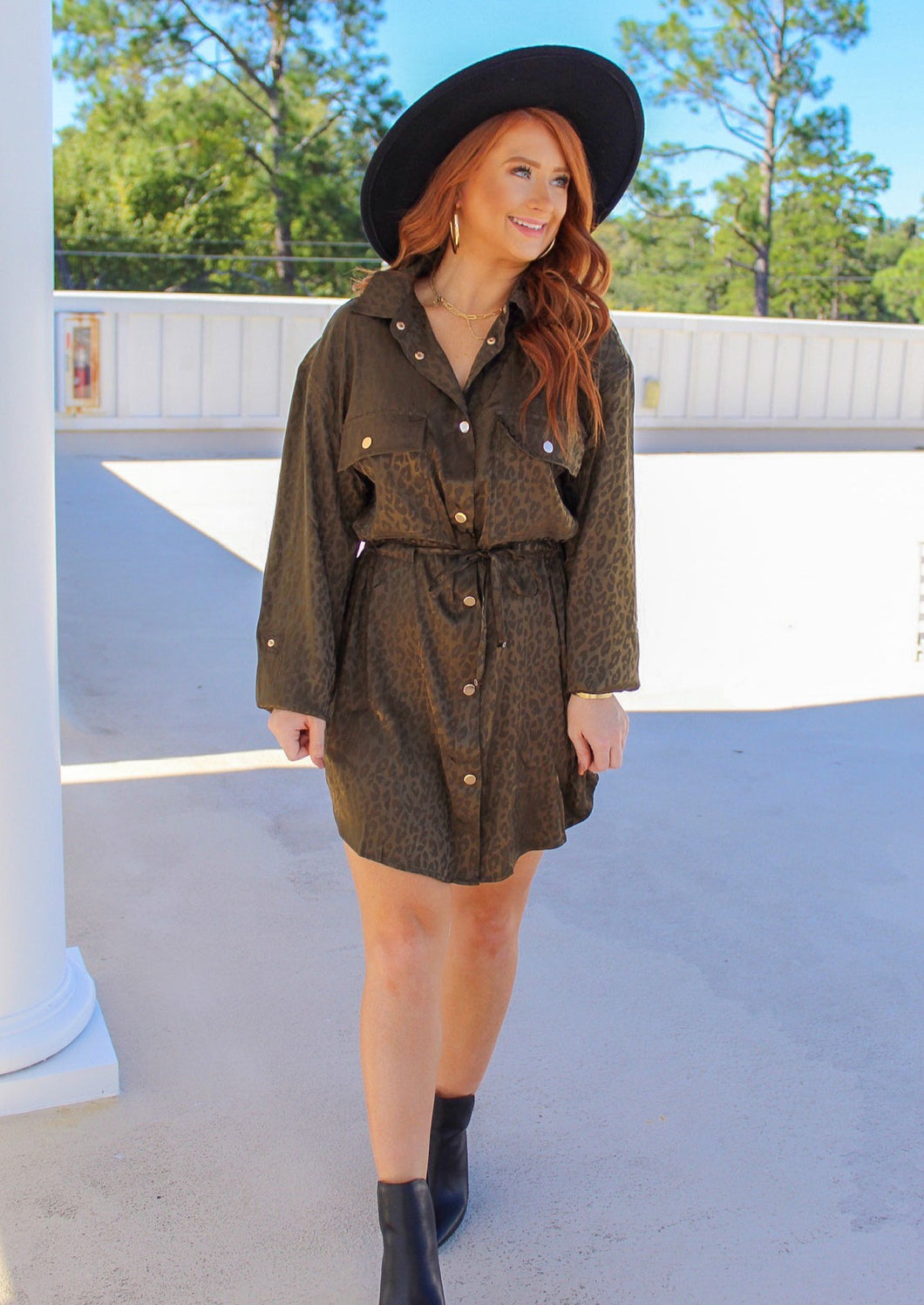 Kate Satin Button Down Dress- Olive