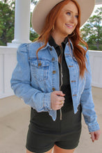 Load image into Gallery viewer, Puff Sleeve Cropped Distressed Denim Jacket
