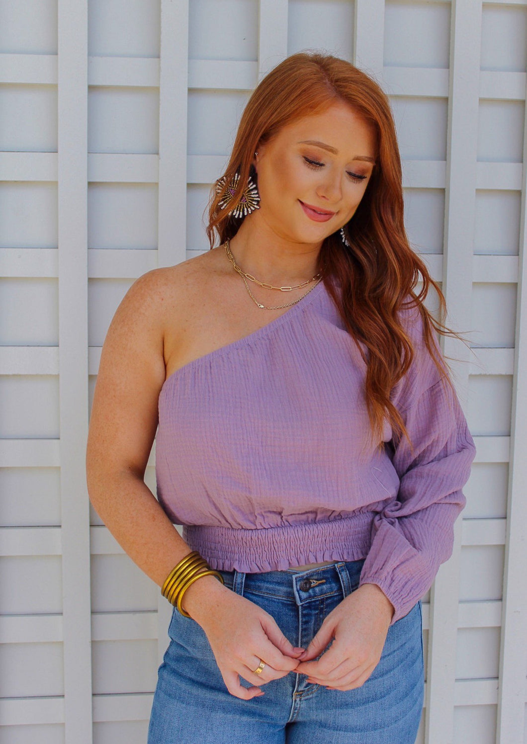 Evie Long Sleeve One Shoulder Smocked Top- Lavender
