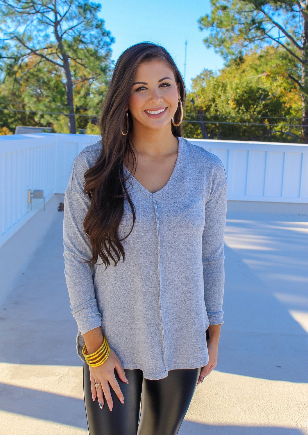 Ashley V Neck Long Sleeve High-Low Top- Grey