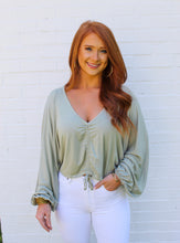 Load image into Gallery viewer, Mabel Rushed Long Sleeve Crop Top- Sage
