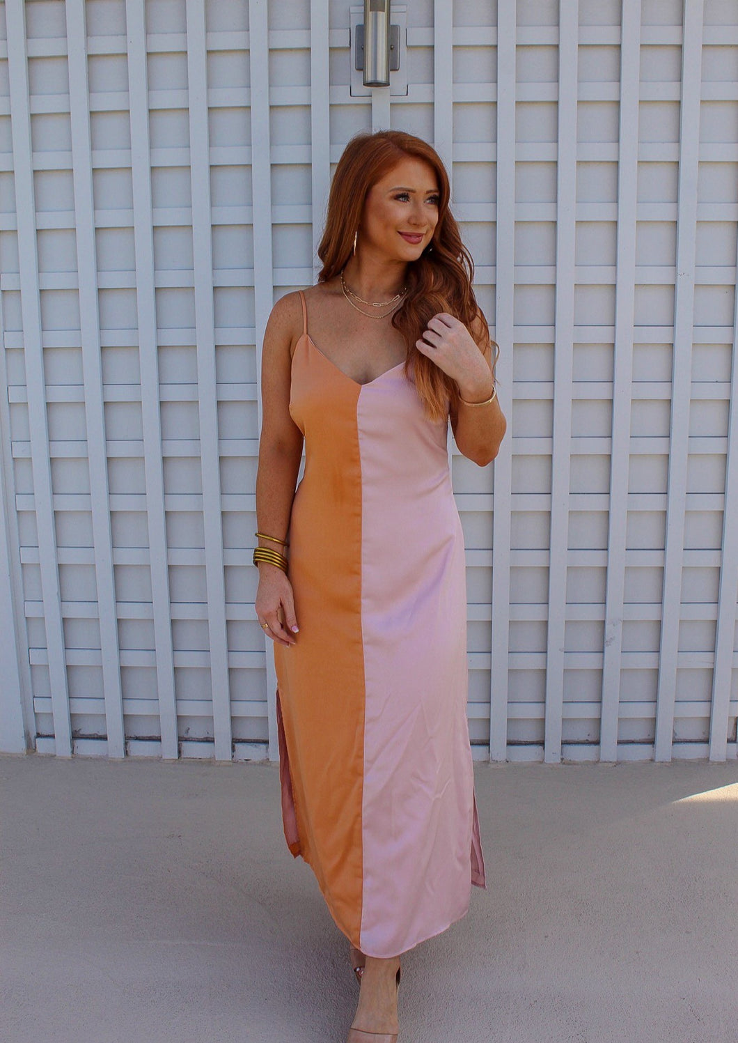 Creamsicle Satin Color Block Mini Dress-Orange/Pink