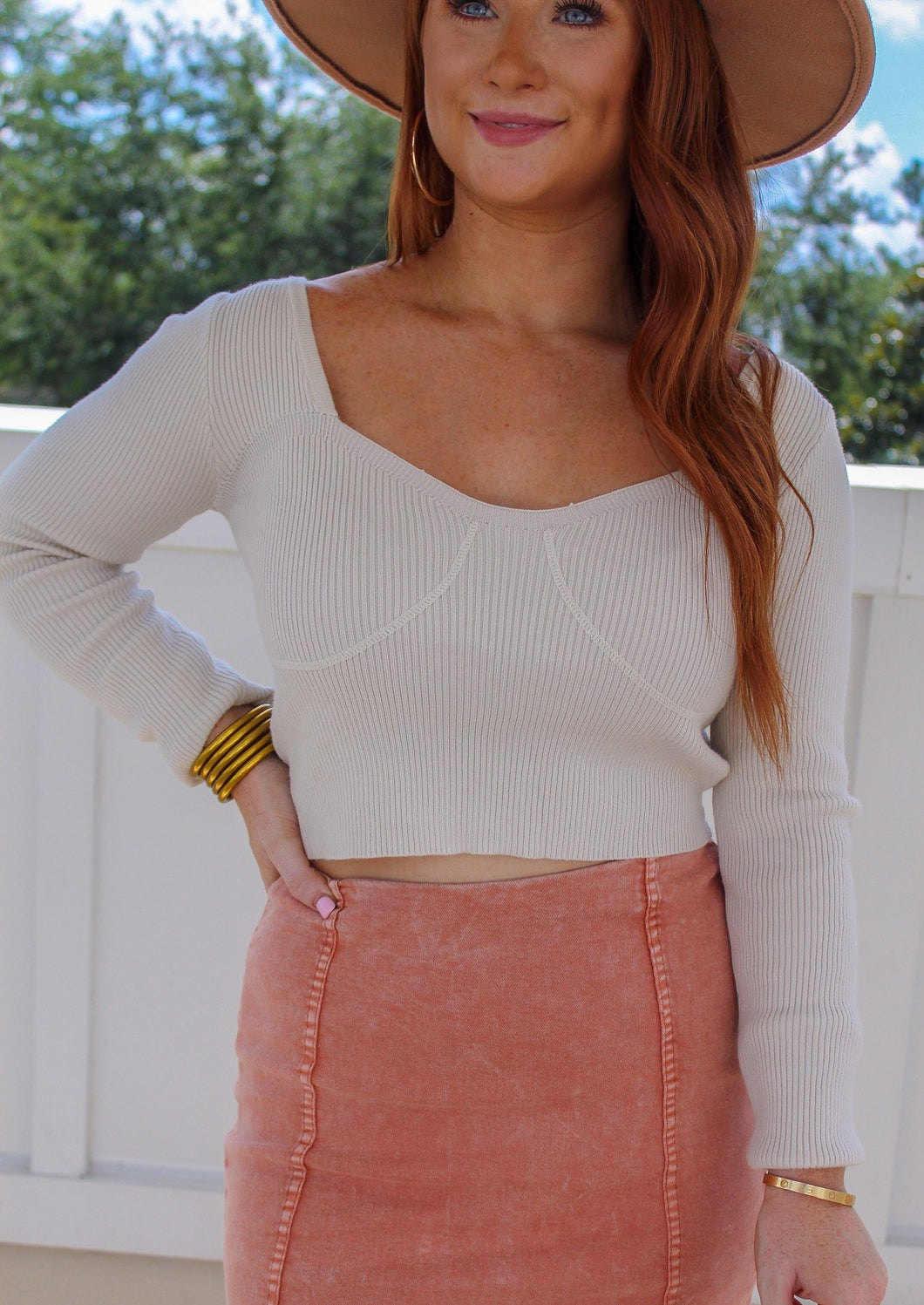 Annabella Long Sleeve Crop Sweater- Cream