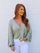 Load image into Gallery viewer, Mabel Rushed Long Sleeve Crop Top- Sage
