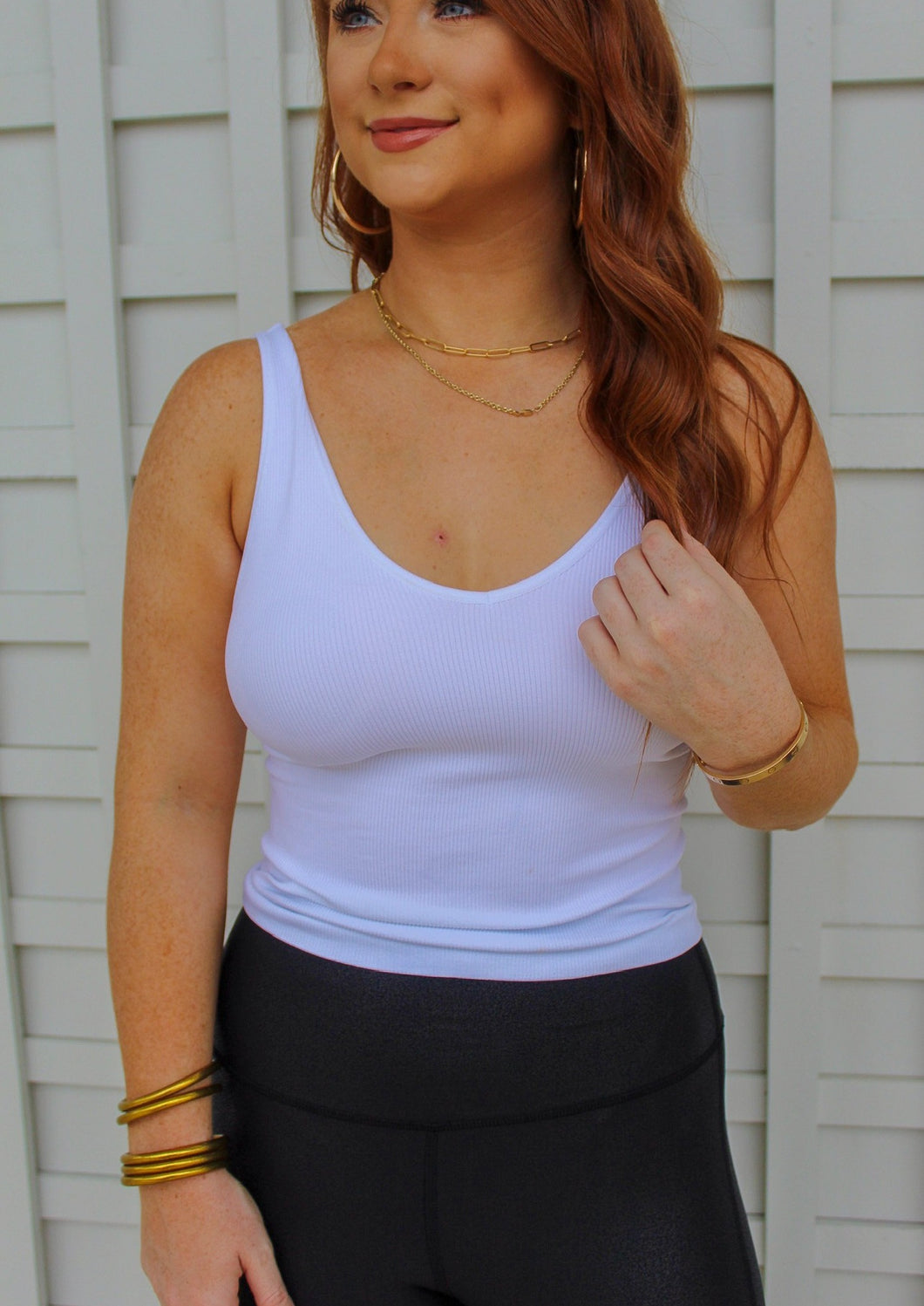 White Ribbed V Neck Tank- One Size