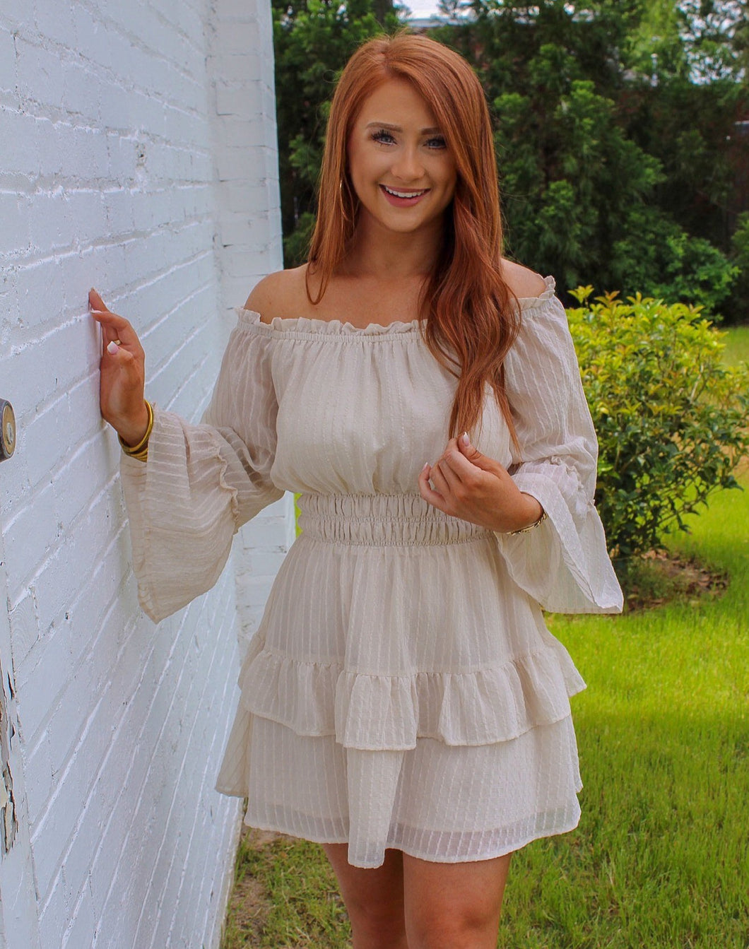 Nova Off Shoulder Ruffle Dress-Cream