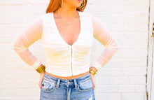 Load image into Gallery viewer, Macie Rushed Mesh Sleeve Crop Top
